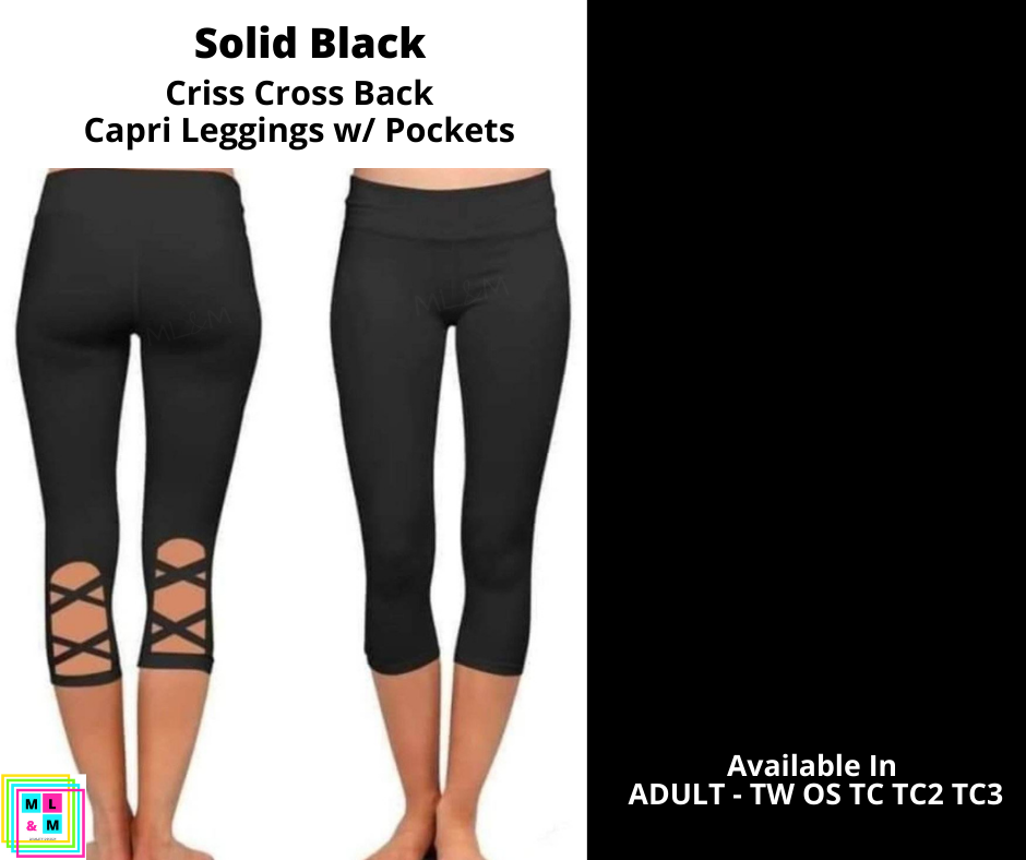 Solid Black Criss Cross Capri w/ Pockets - Alonna's Legging Land