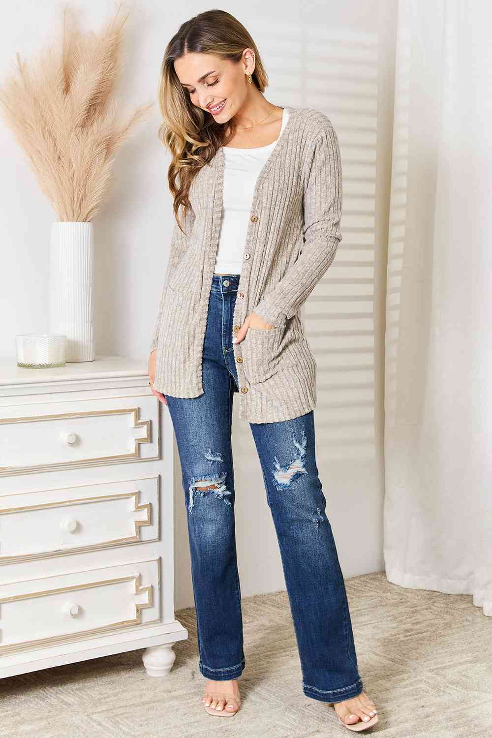 Double Take Ribbed Button-Up Cardigan with Pockets - Alonna's Legging Land