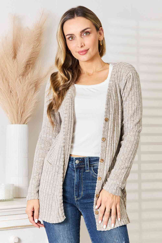 Double Take Ribbed Button-Up Cardigan with Pockets - Alonna's Legging Land