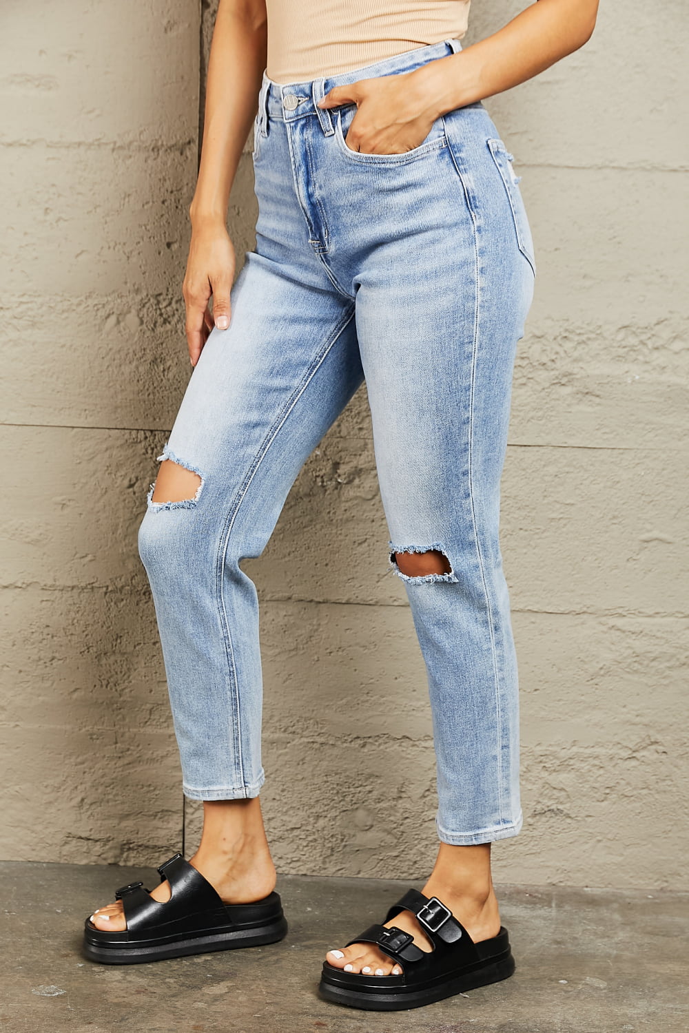 BAYEAS High Waisted Distressed Slim Cropped Jeans - Alonna's Legging Land