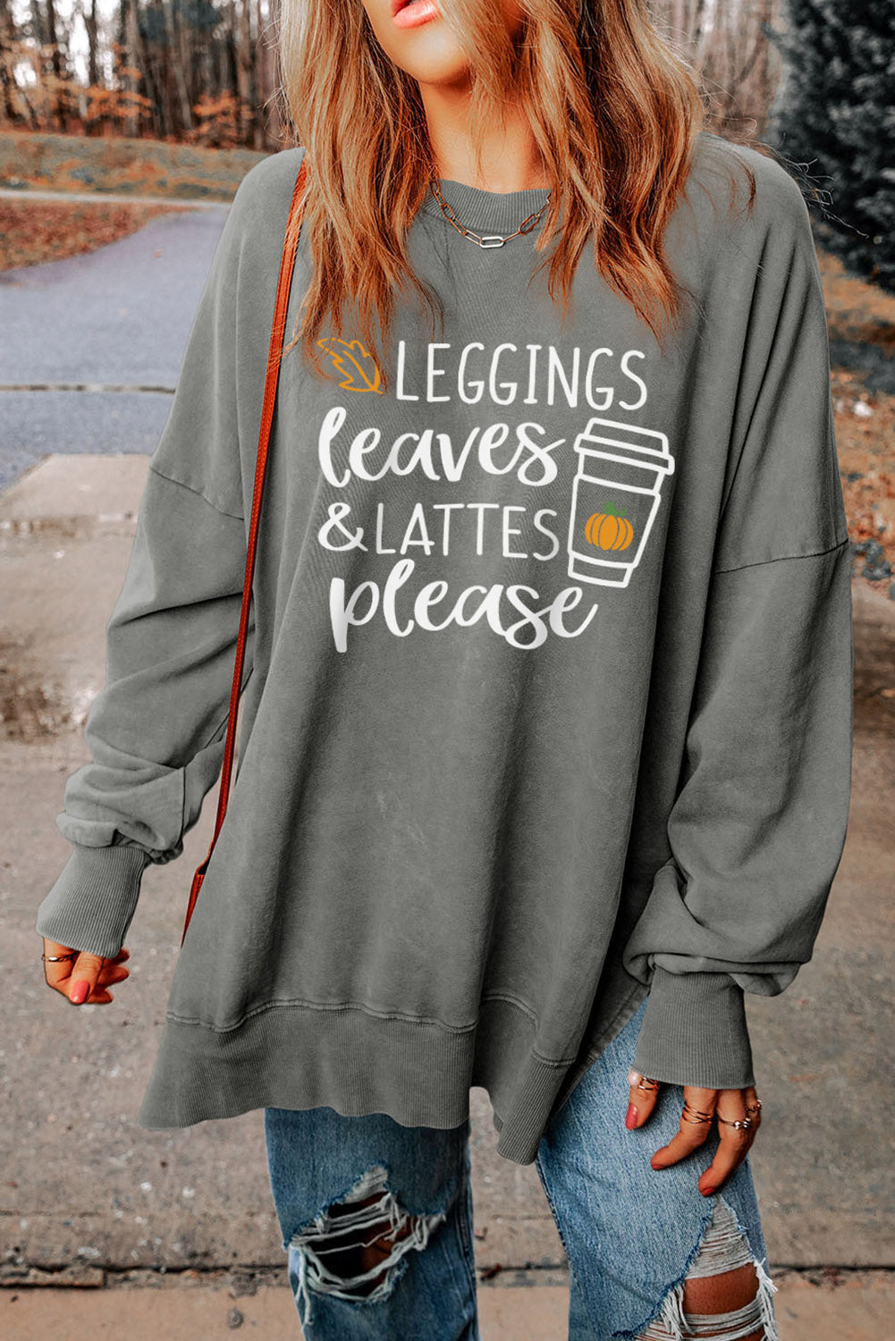 Round Neck Dropped Shoulder LEGGINGS LEAVES LATTES PLEASE Graphic Sweatshirt - Alonna's Legging Land