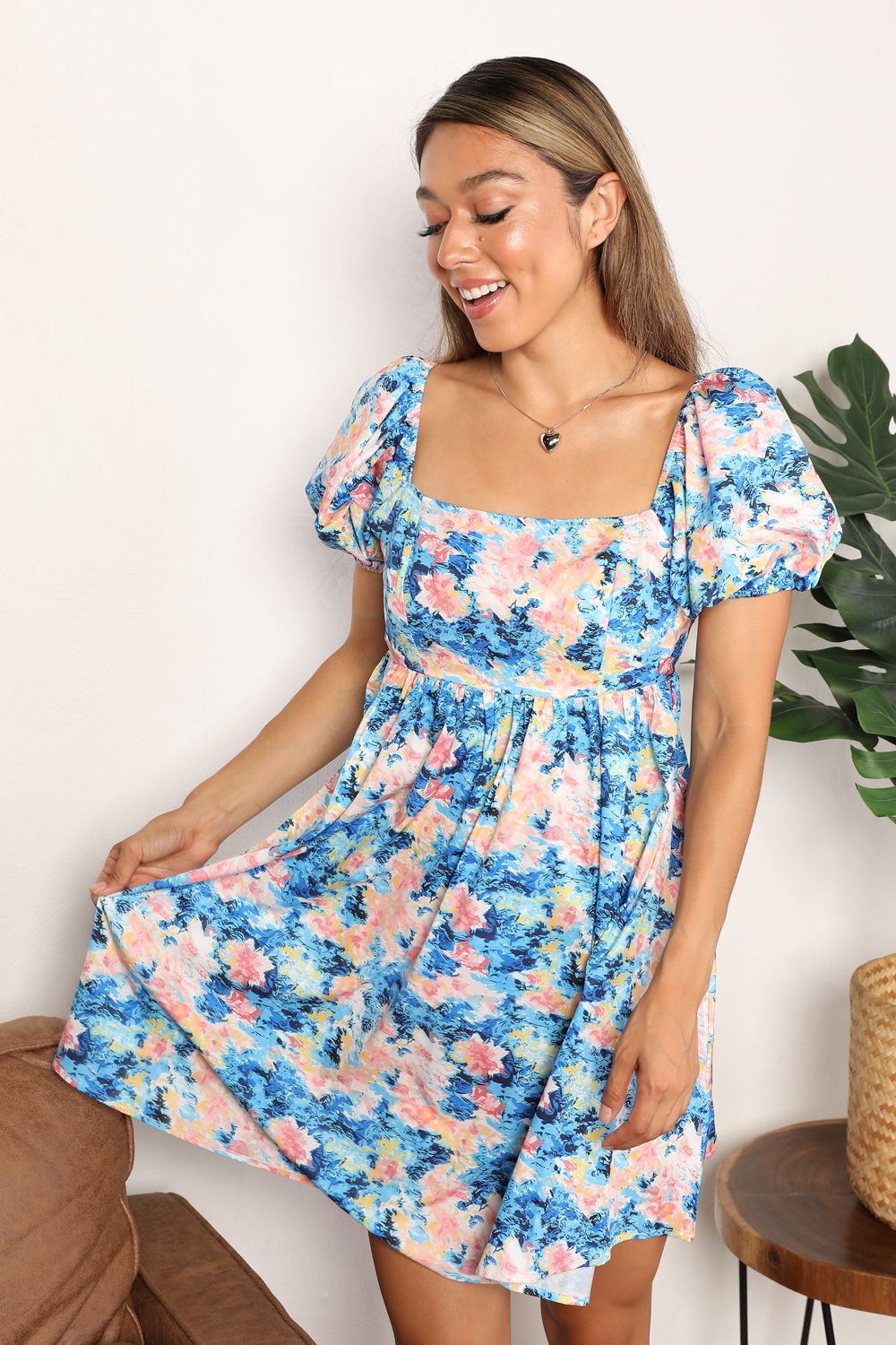 Double Take Floral Square Neck Puff Sleeve Dress - Alonna's Legging Land