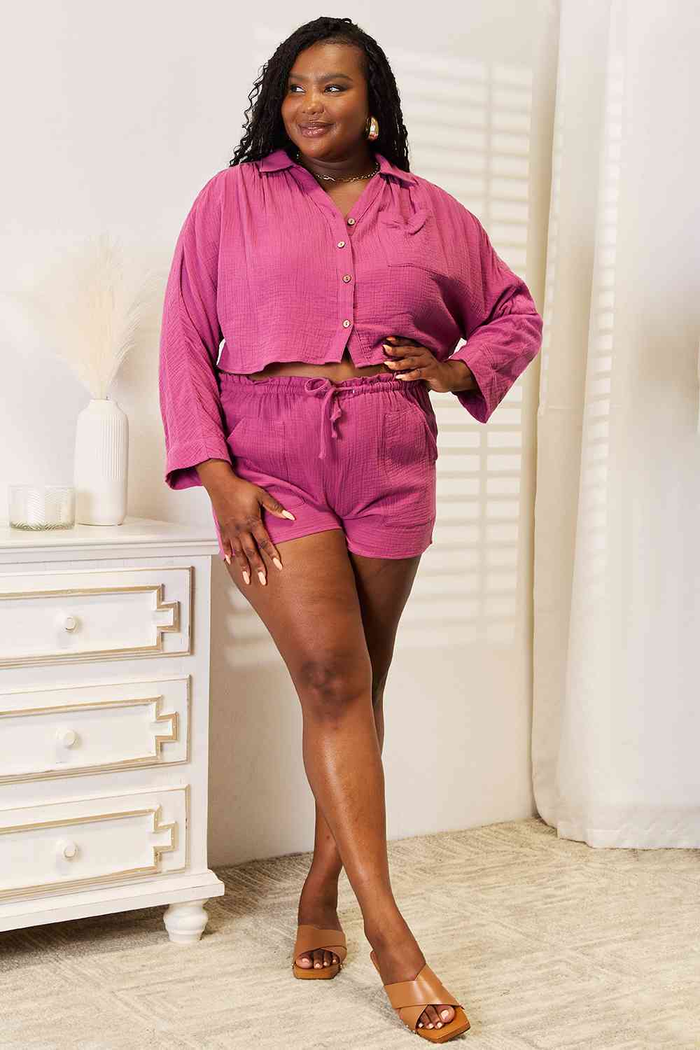 Basic Bae Buttoned Long Sleeve Top and Shorts Set - Alonna's Legging Land