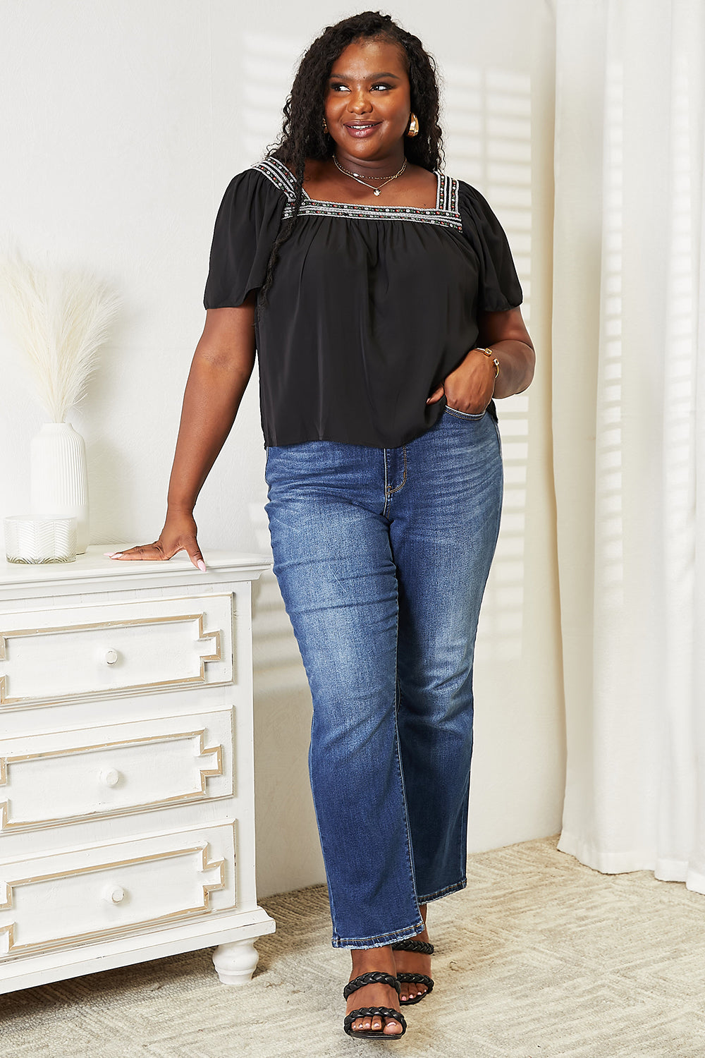 Double Take Contrast Square Neck Puff Sleeve Blouse - Alonna's Legging Land