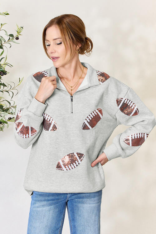 Double Take Full Size Sequin Football Half Zip Long Sleeve Sweatshirt - Alonna's Legging Land