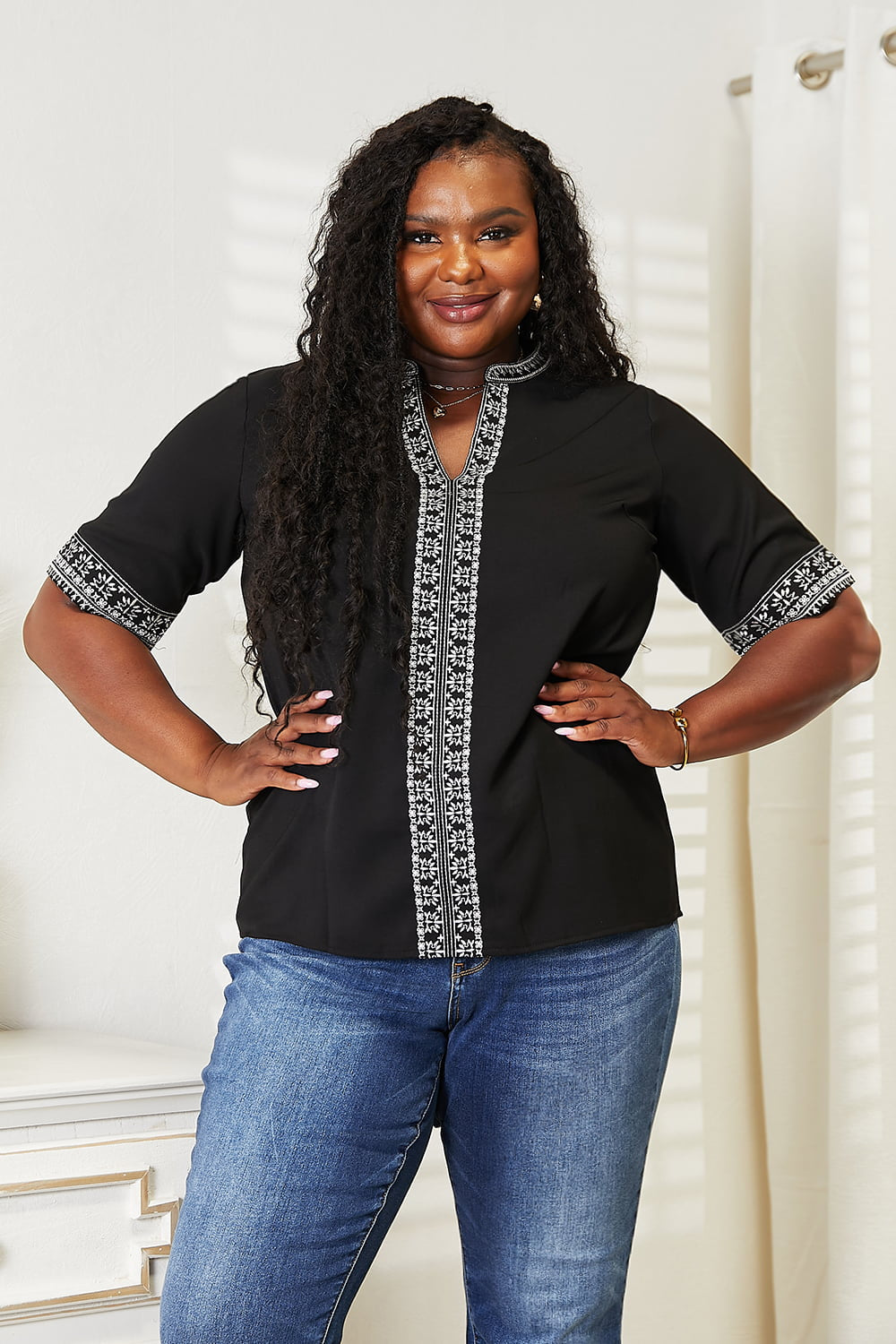 Double Take Embroidered Notched Neck Top - Alonna's Legging Land