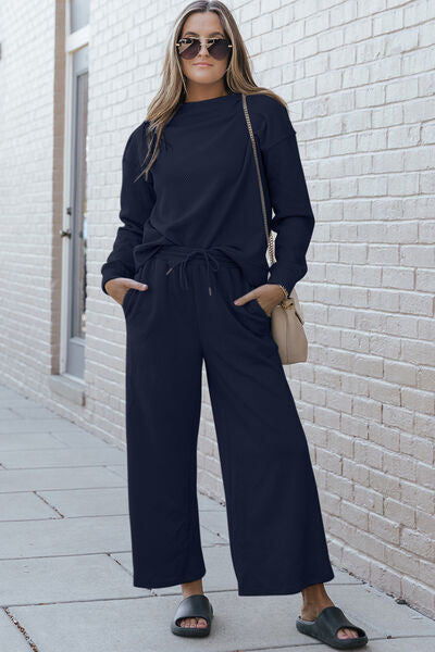 Double Take Full Size Textured Long Sleeve Top and Drawstring Pants Set - Alonna's Legging Land