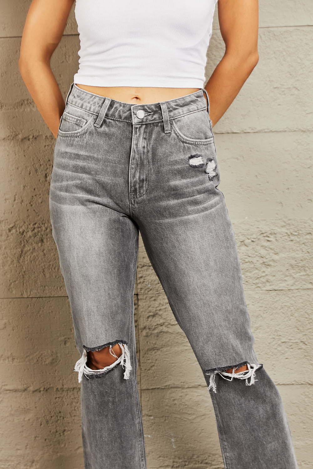 BAYEAS Stone Wash Distressed Cropped Straight Jeans - Alonna's Legging Land