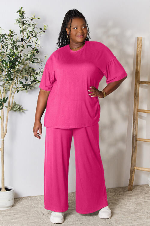 Double Take Full Size Round Neck Slit Top and Pants Set - Alonna's Legging Land