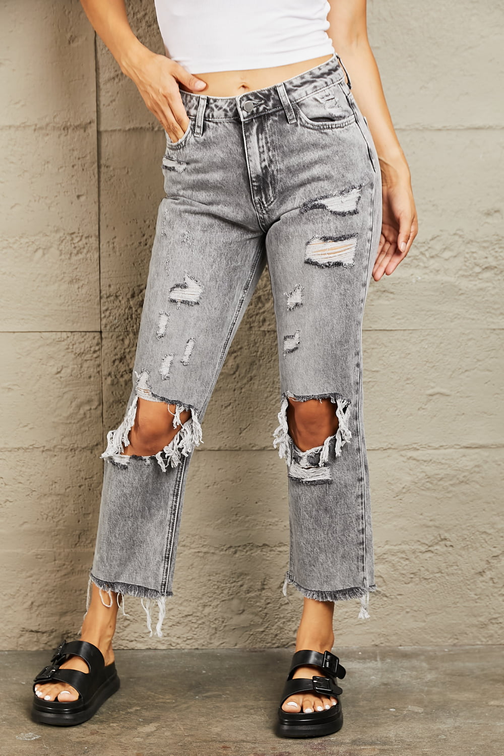 BAYEAS Acid Wash Distressed Straight Jeans - Alonna's Legging Land