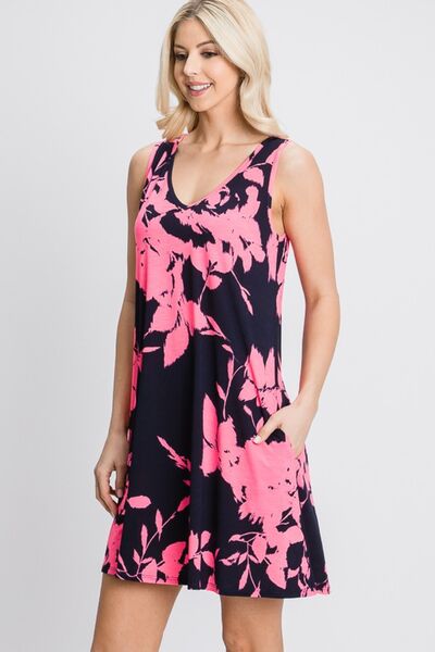 Heimish Full Size Floral V-Neck Tank Dress with Pockets - Alonna's Legging Land