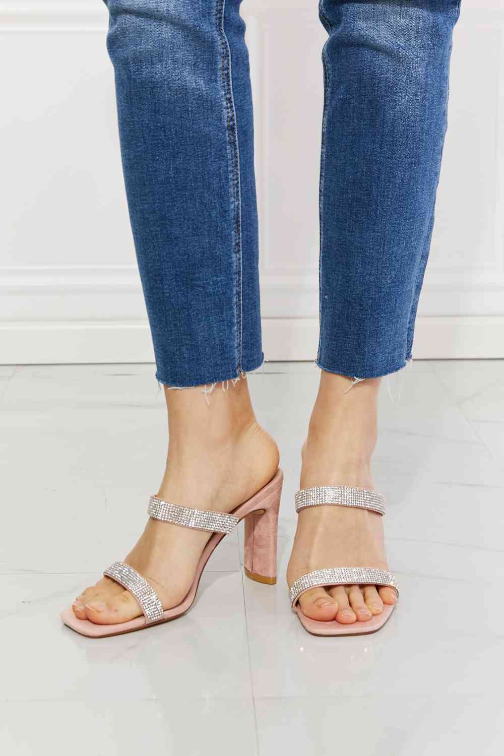 MMShoes Leave A Little Sparkle Rhinestone Block Heel Sandal in Pink - Alonna's Legging Land
