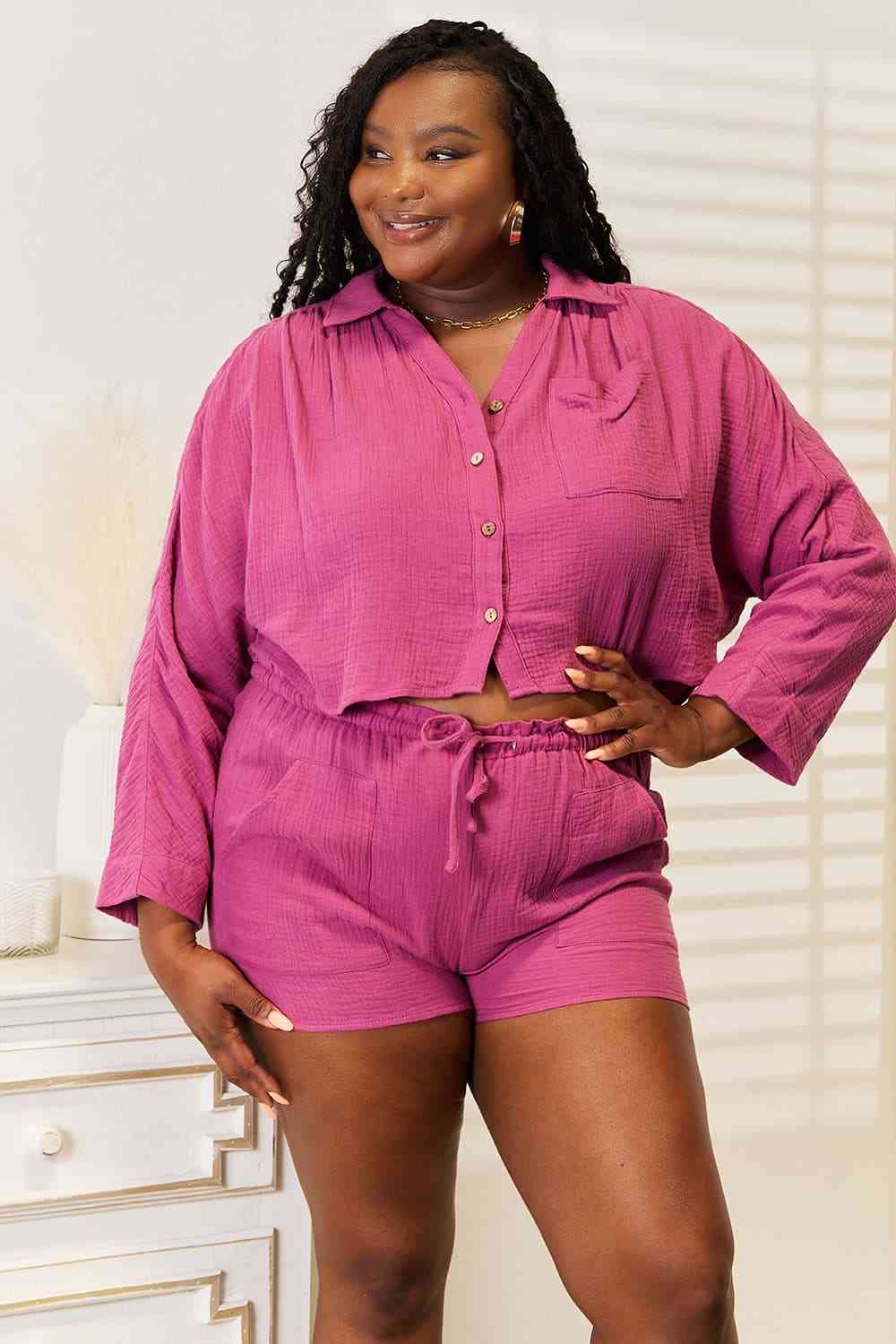 Basic Bae Buttoned Long Sleeve Top and Shorts Set - Alonna's Legging Land