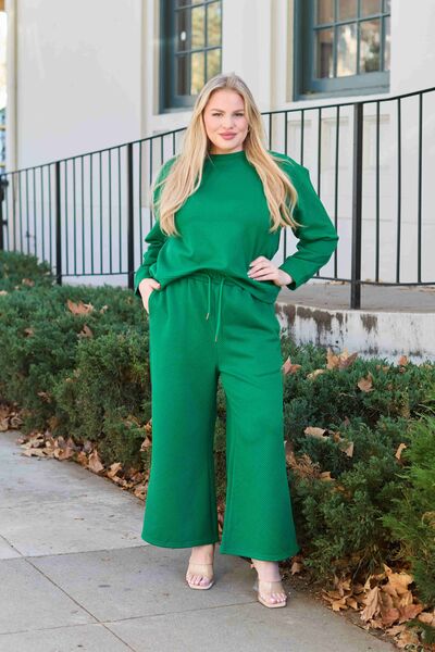 Double Take Full Size Textured Long Sleeve Top and Drawstring Pants Set - Alonna's Legging Land