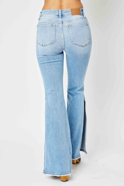 Judy Blue Full Size Mid Rise Raw Hem Slit Flare Jeans - Alonna's Legging Land