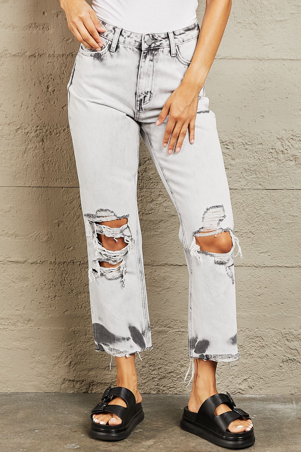 BAYEAS Acid Wash Accent Cropped Mom Jeans - Alonna's Legging Land